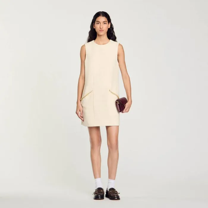 Dresses Women SANDRO Short Rhinestone Tweed Dress Ecru