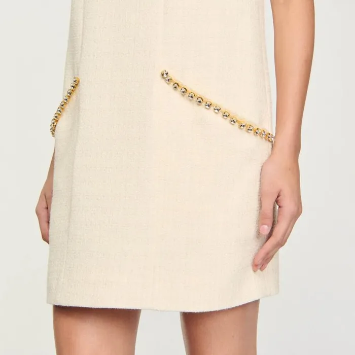 Dresses Women SANDRO Short Rhinestone Tweed Dress Ecru