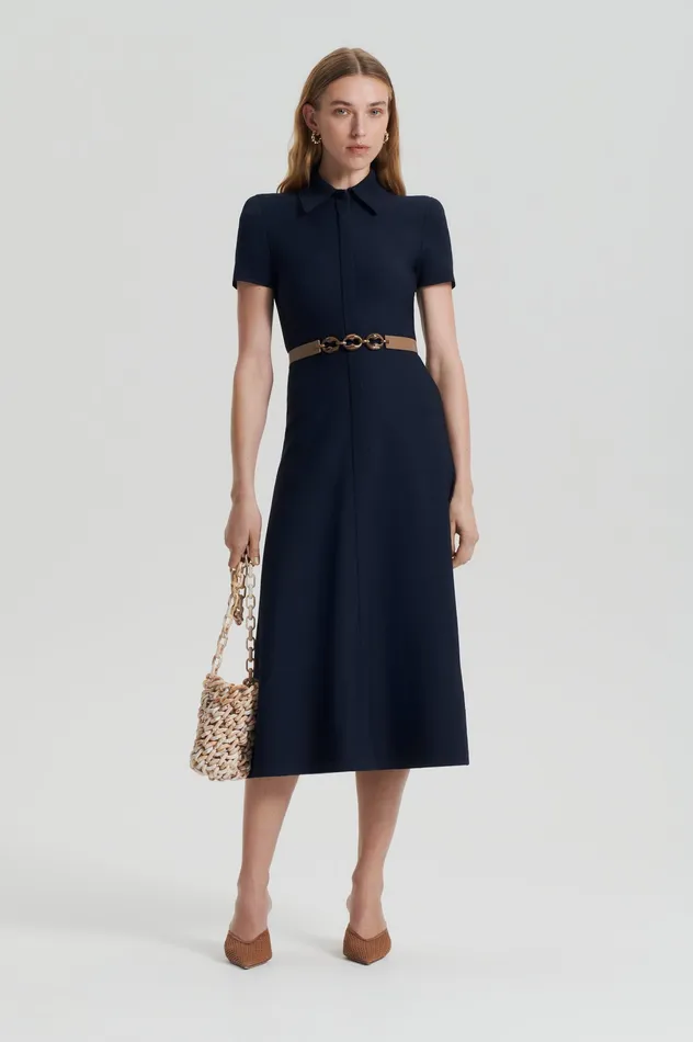 Dresses Women Scanlan Theodore CREPE KNIT ZIP SHIRT DRESS NAVY