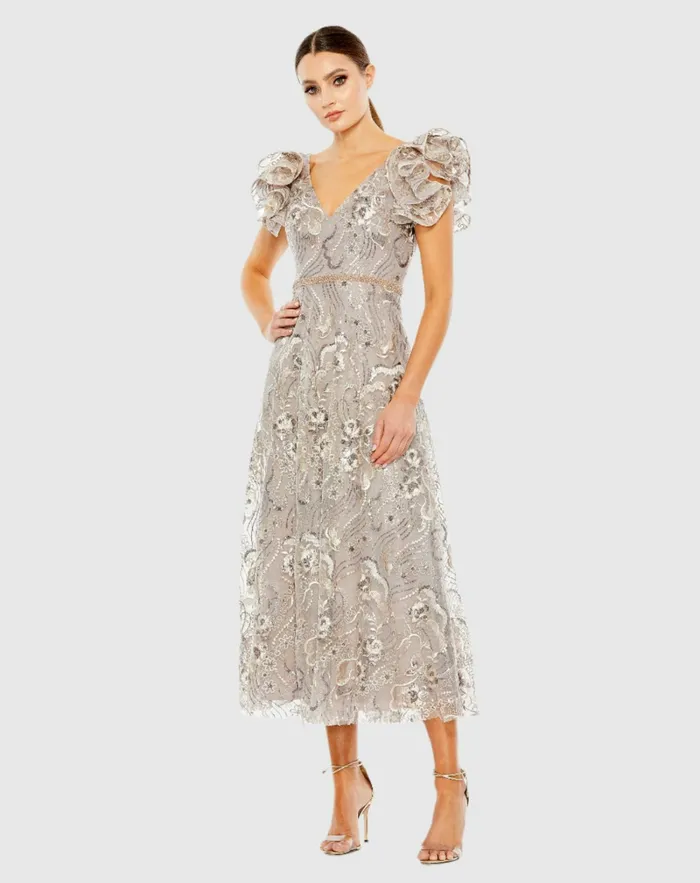 Embellished Ruffled Cap Sleeve A Line Dress Champagne Women Cocktail Dresses Mac Duggal
