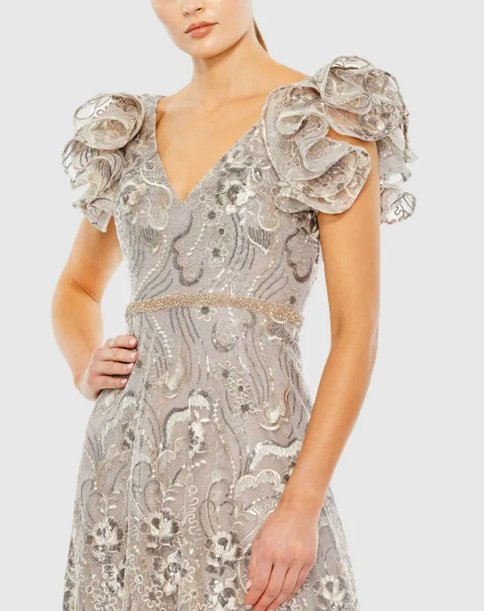 Embellished Ruffled Cap Sleeve A Line Dress Champagne Women Cocktail Dresses Mac Duggal