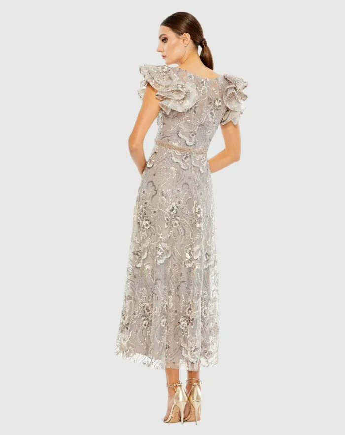 Embellished Ruffled Cap Sleeve A Line Dress Champagne Women Cocktail Dresses Mac Duggal