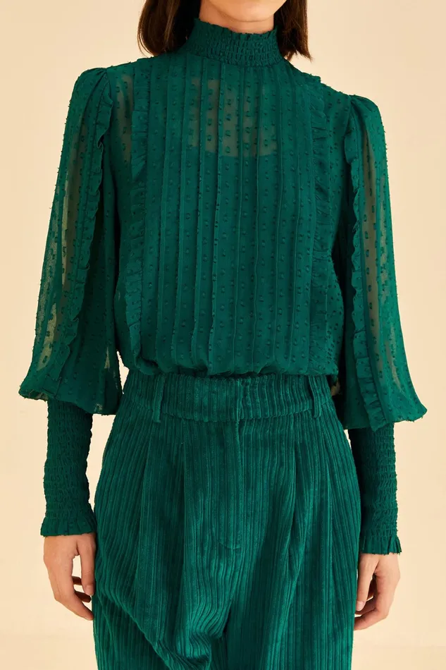 Emerald Ruffle Long Sleeve Blouse Women Farm Rio Blouses