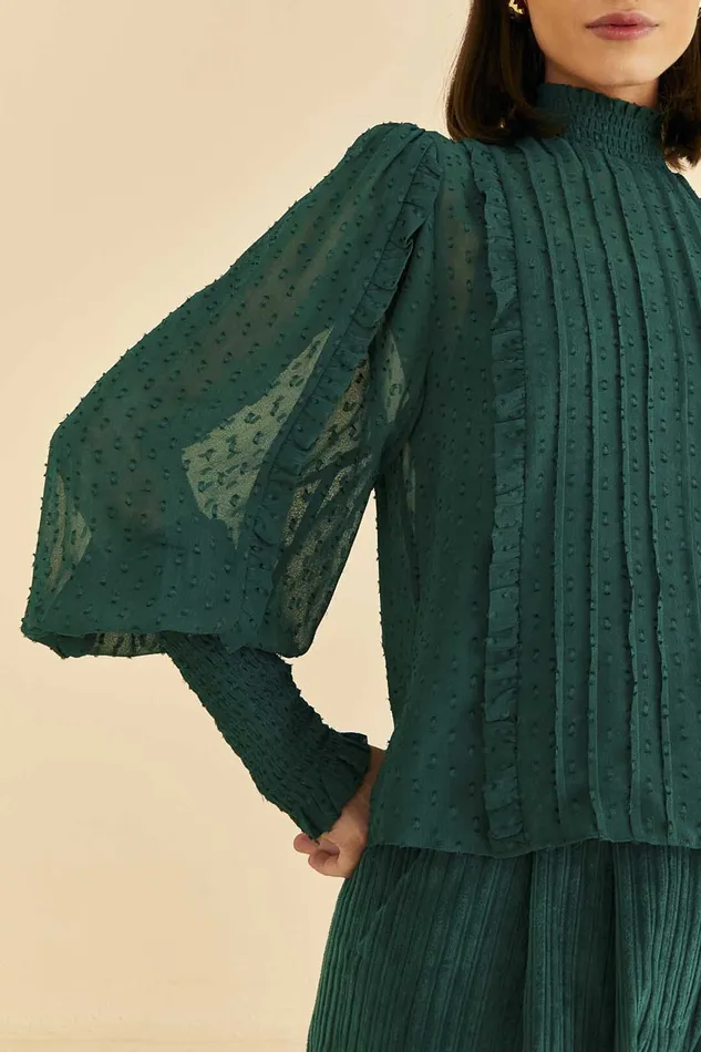 Emerald Ruffle Long Sleeve Blouse Women Farm Rio Blouses