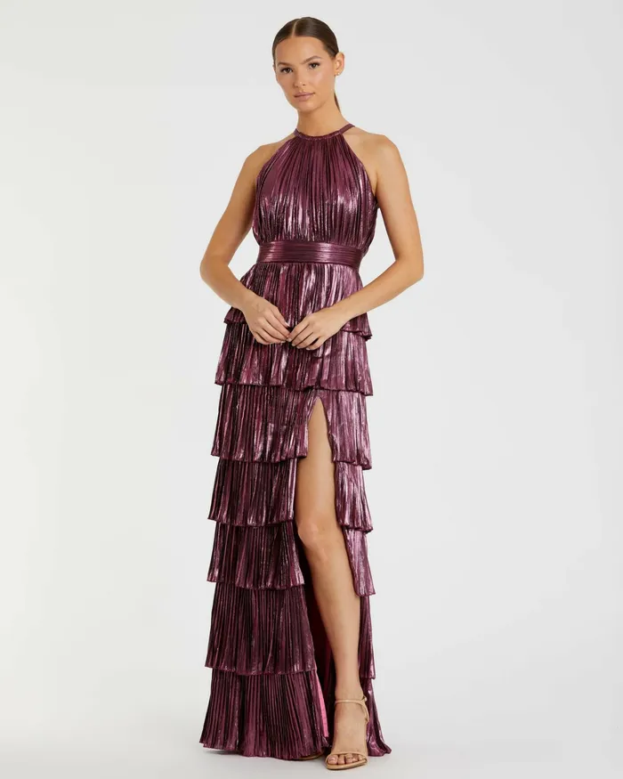 Evening Gowns High Neck Heat Pleated Tiered Ruffle Metallic Dress Rose Mac Duggal Women