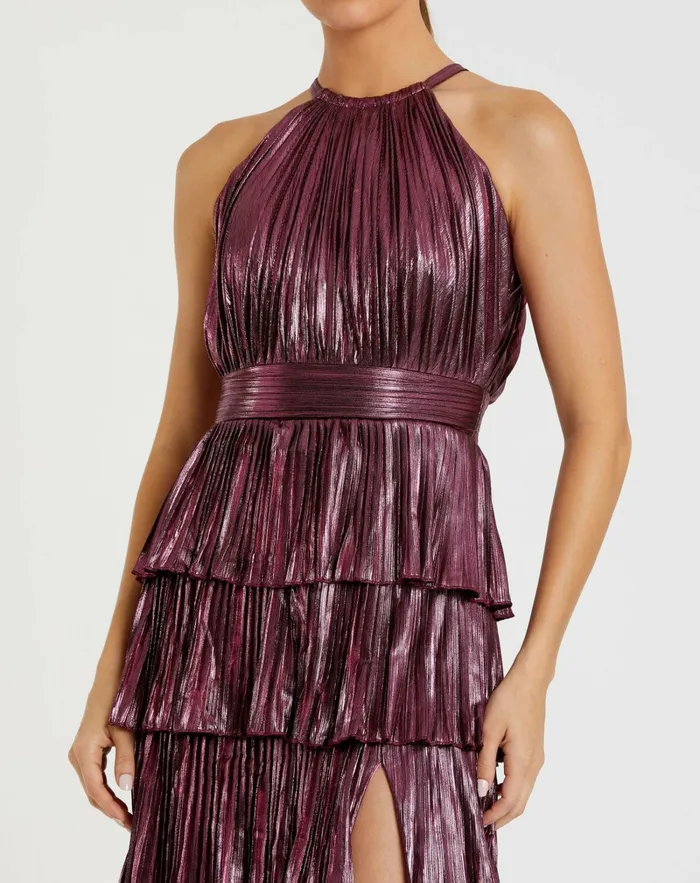 Evening Gowns High Neck Heat Pleated Tiered Ruffle Metallic Dress Rose Mac Duggal Women