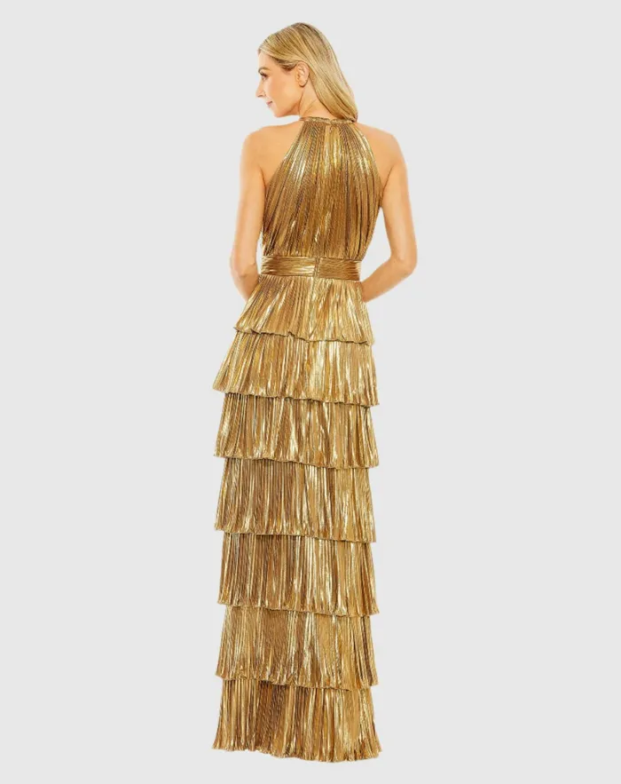 Evening Gowns High Neck Heat Pleated Tiered Ruffle Metallic Dress Rose Mac Duggal Women