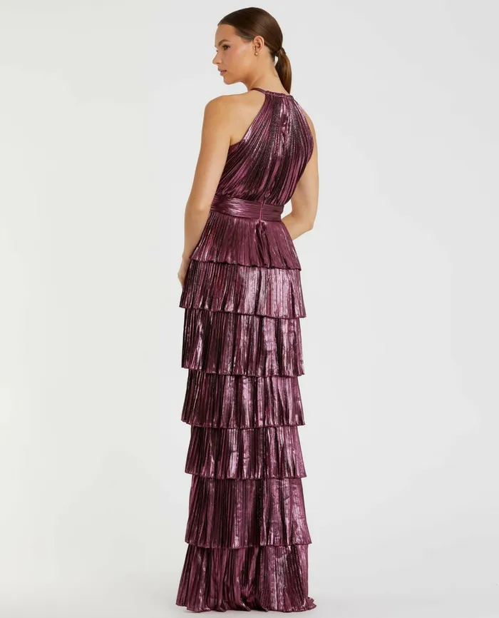 Evening Gowns High Neck Heat Pleated Tiered Ruffle Metallic Dress Rose Mac Duggal Women