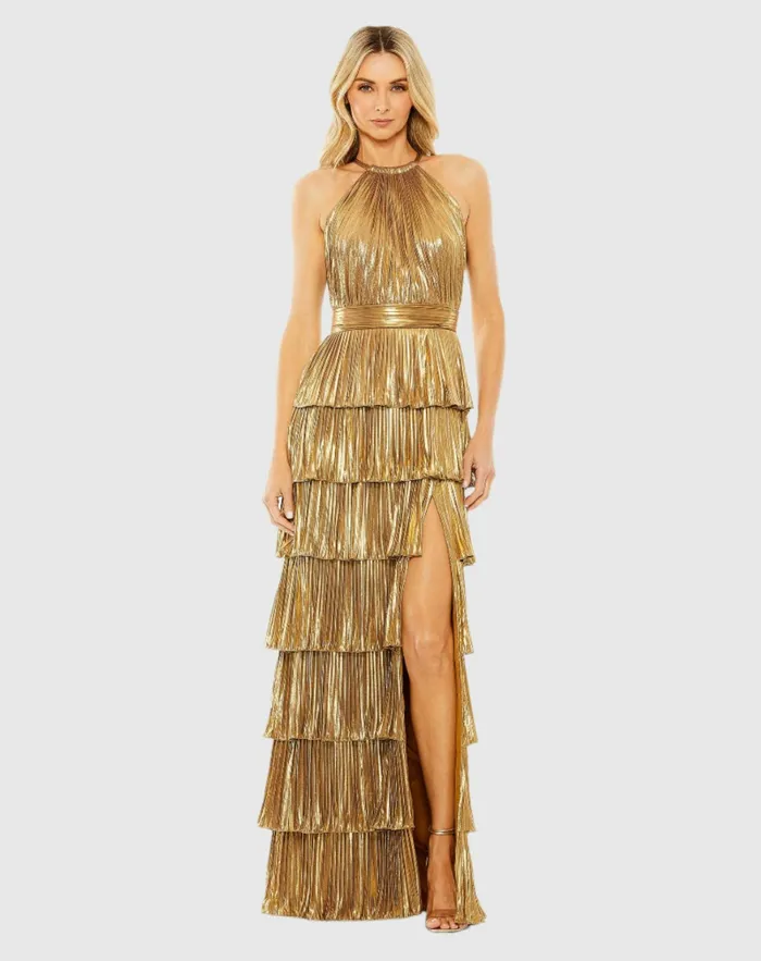 Evening Gowns High Neck Heat Pleated Tiered Ruffle Metallic Dress Rose Mac Duggal Women