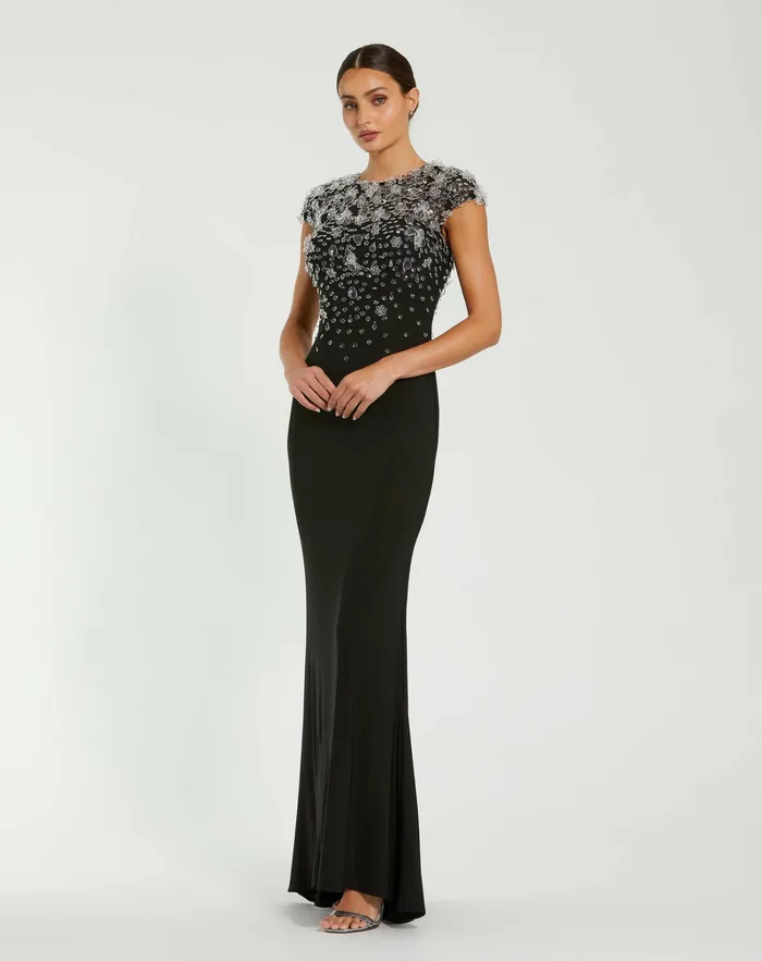 Evening Gowns Mac Duggal Women Crystal Embellished Jersey Fitted Cap Sleeve Gown Black