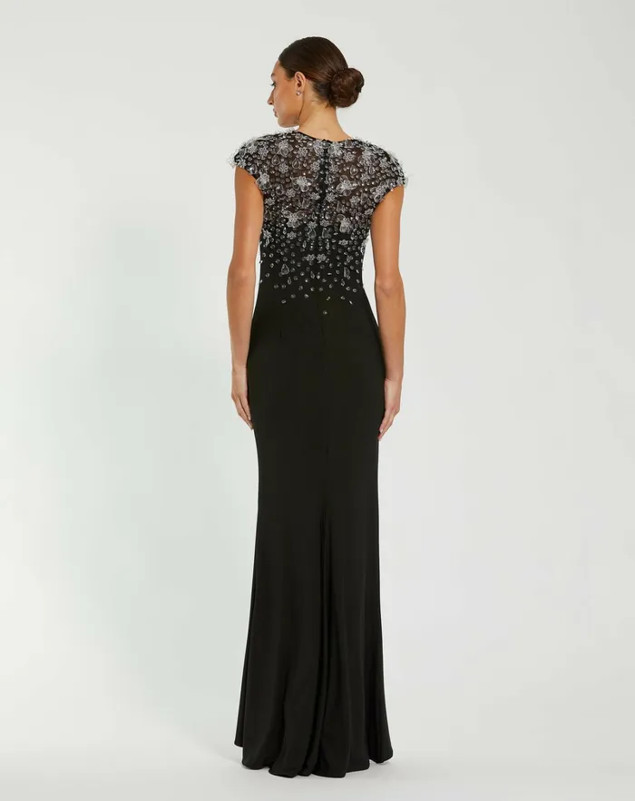 Evening Gowns Mac Duggal Women Crystal Embellished Jersey Fitted Cap Sleeve Gown Black