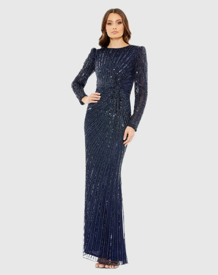 Evening Gowns Mac Duggal Women Navy Embellished Puff Sleeve Side Knot Gown Navy