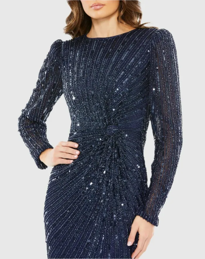 Evening Gowns Mac Duggal Women Navy Embellished Puff Sleeve Side Knot Gown Navy