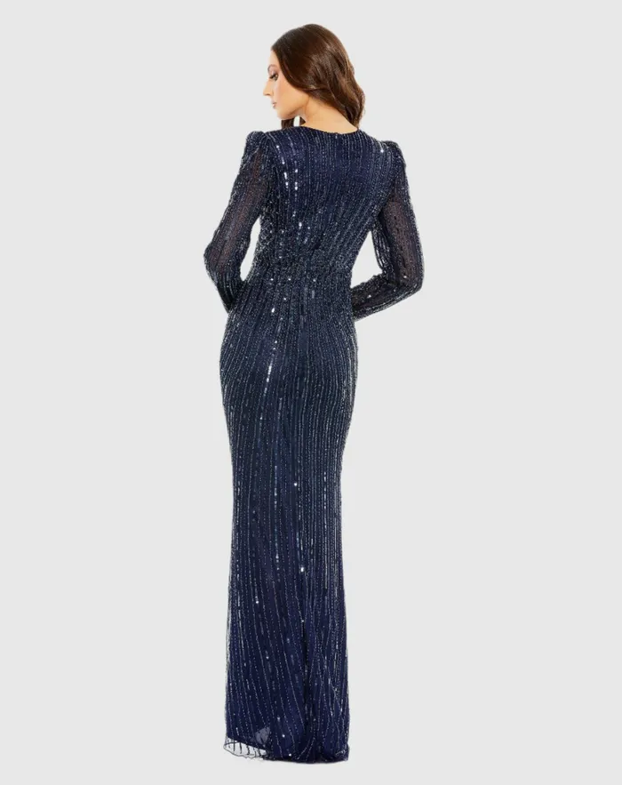 Evening Gowns Mac Duggal Women Navy Embellished Puff Sleeve Side Knot Gown Navy