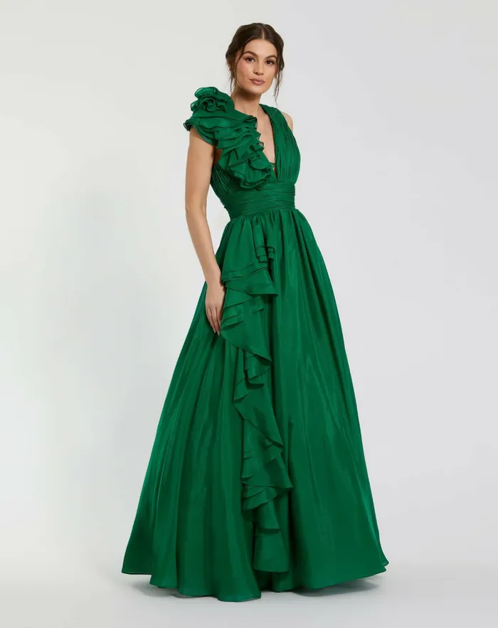 Evening Gowns Mac Duggal Women Ruffle Detailed Evening Dress Emerald