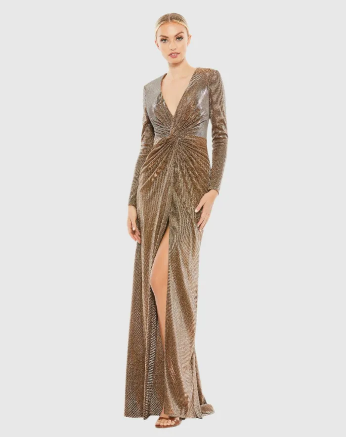 Evening Gowns Women Front Twist V Neck Long Sleeve Gown Bronze Mac Duggal