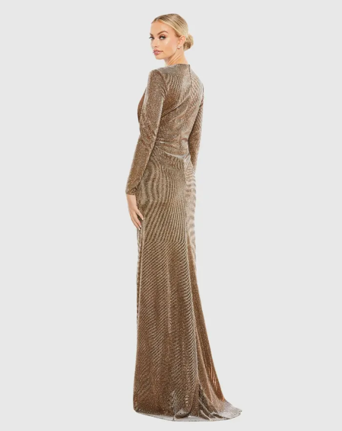 Evening Gowns Women Front Twist V Neck Long Sleeve Gown Bronze Mac Duggal