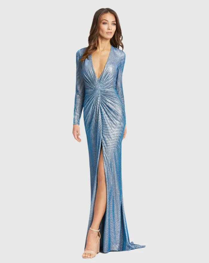 Evening Gowns Women Front Twist V Neck Long Sleeve Gown Bronze Mac Duggal