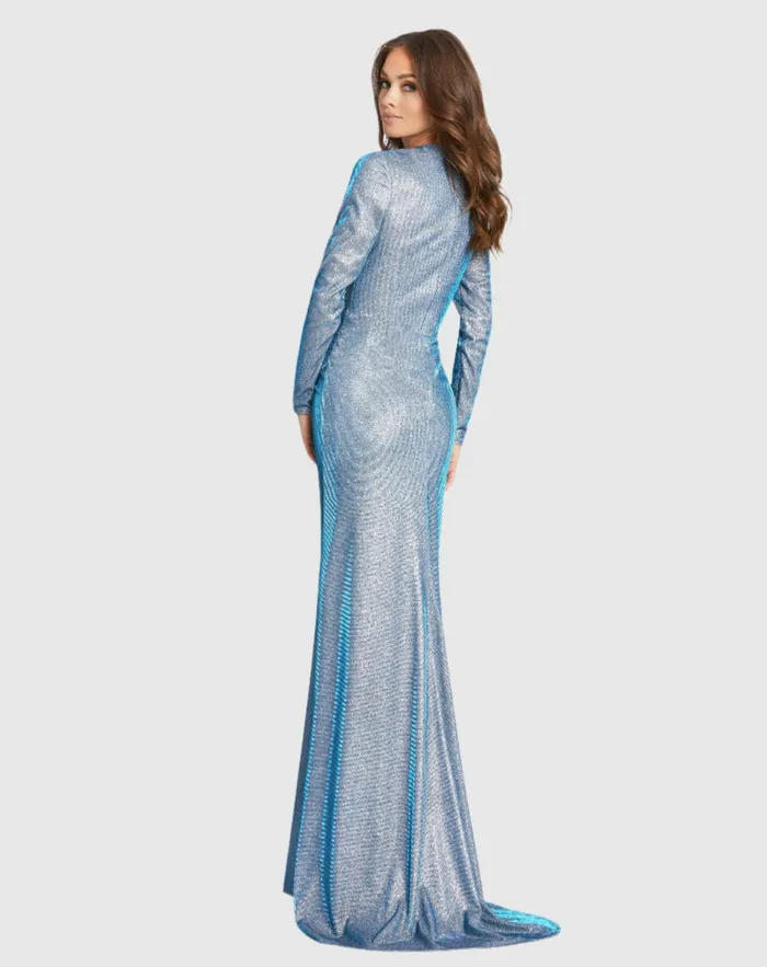 Evening Gowns Women Front Twist V Neck Long Sleeve Gown Bronze Mac Duggal