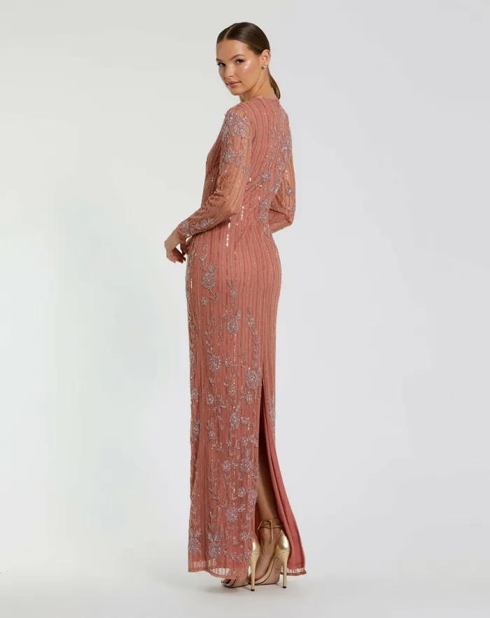 Evening Gowns Women Mac Duggal Pink Embellished High Neck Illusion Long Sleeve Gown Rose Evening Gowns Women Mac Duggal Pink Embellished High Neck Illusion Long Sleeve Gown Rose