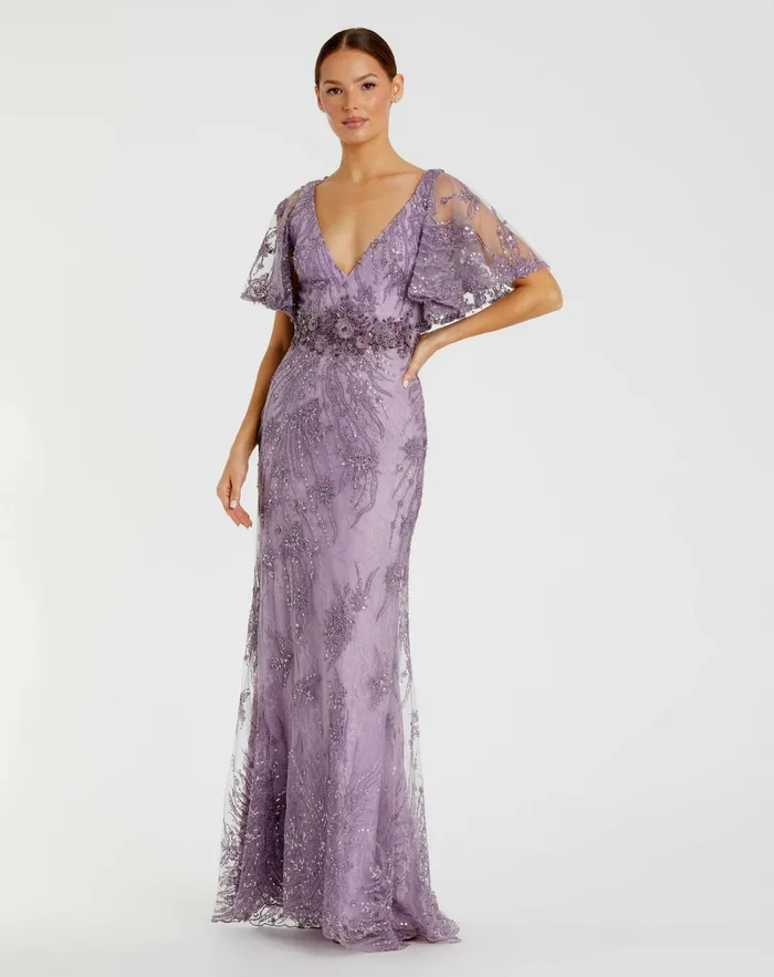 Evening Gowns Women Mac Duggal Vintage Flutter Sleeve Evening Gown Vintage Lilac