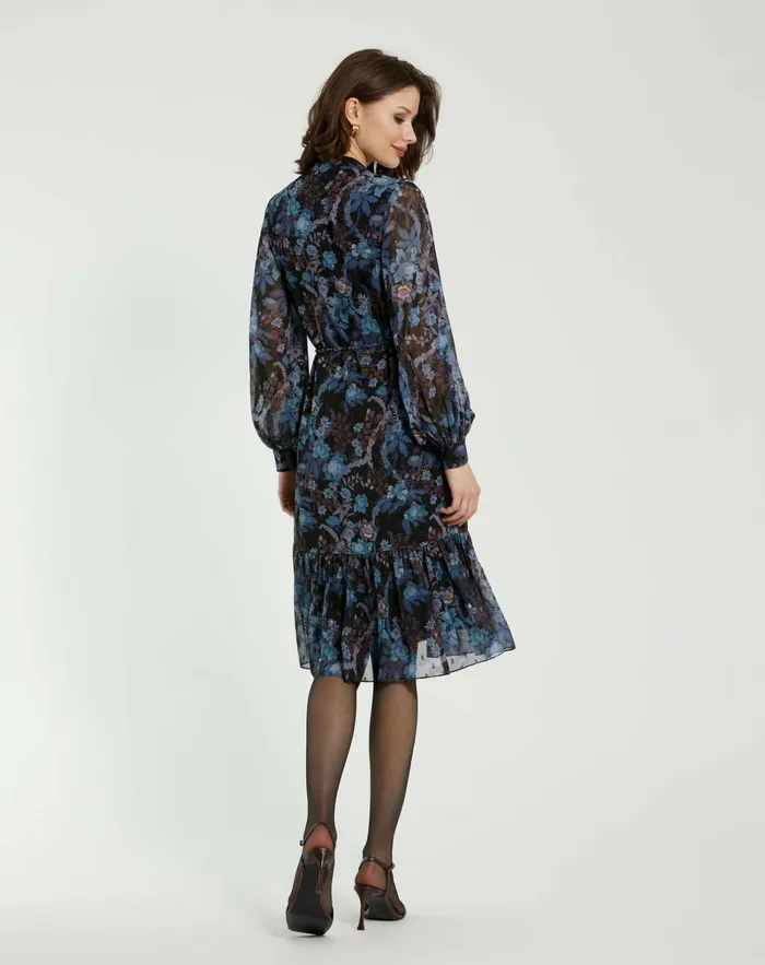 Every Day Dresses Women Lurex Chiffon Bishop Sleeve Button Up Midi Dress Black Multi Mac Duggal