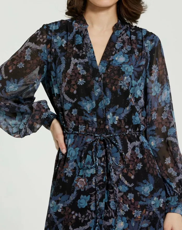 Every Day Dresses Women Lurex Chiffon Bishop Sleeve Button Up Midi Dress Black Multi Mac Duggal