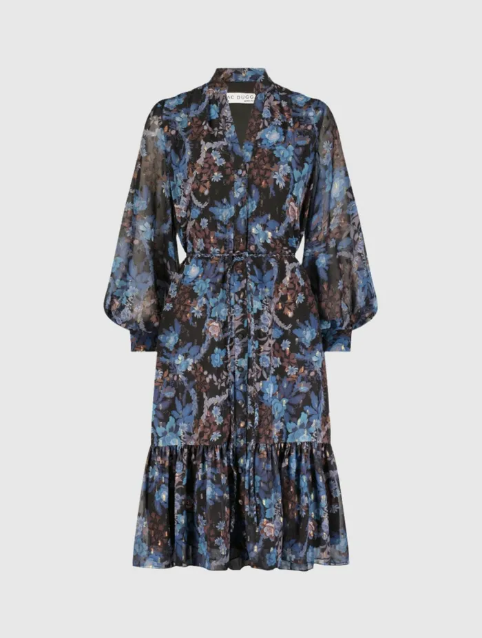 Every Day Dresses Women Lurex Chiffon Bishop Sleeve Button Up Midi Dress Black Multi Mac Duggal