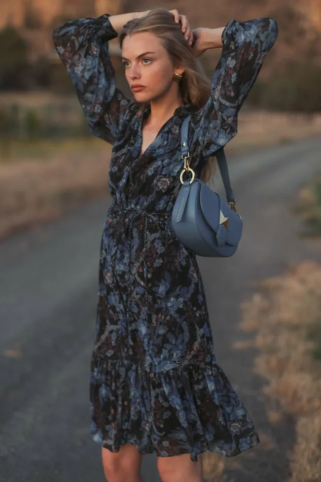 Every Day Dresses Women Lurex Chiffon Bishop Sleeve Button Up Midi Dress Black Multi Mac Duggal