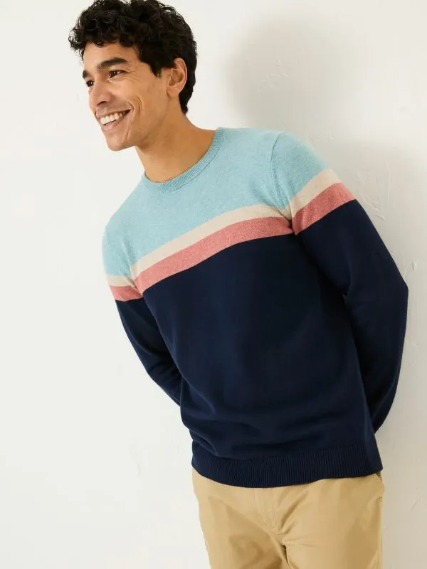 Fat Face Knitwear Men Navy Rye Chest Stripe Knitted Crew Neck Jumper
