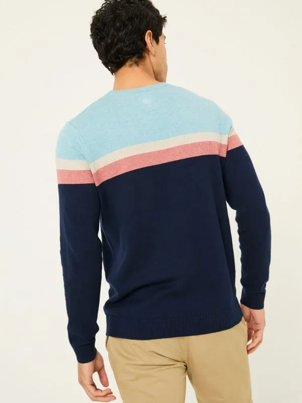 Fat Face Knitwear Men Navy Rye Chest Stripe Knitted Crew Neck Jumper