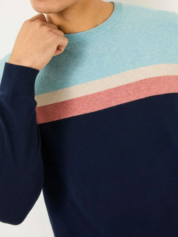 Fat Face Knitwear Men Navy Rye Chest Stripe Knitted Crew Neck Jumper