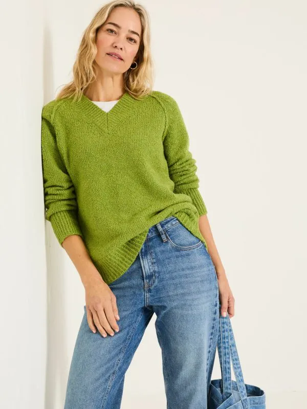 Fat Face Knitwear Women Green Bonnie Boucle VNeck Jumper