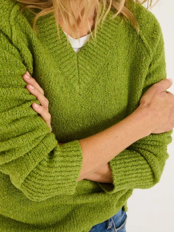 Fat Face Knitwear Women Green Bonnie Boucle VNeck Jumper