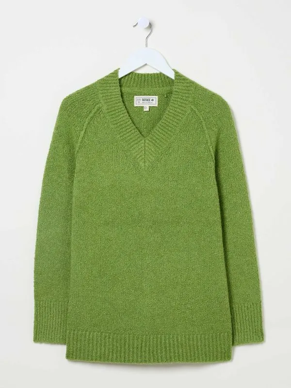 Fat Face Knitwear Women Green Bonnie Boucle VNeck Jumper
