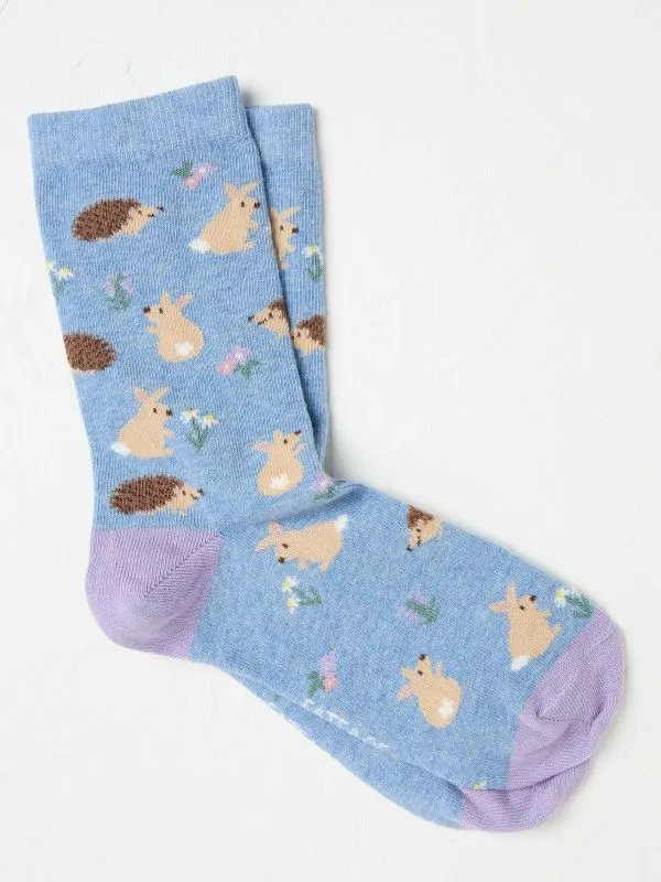 Fat Face Socks Women Blue Bunny And Hedgehog Socks