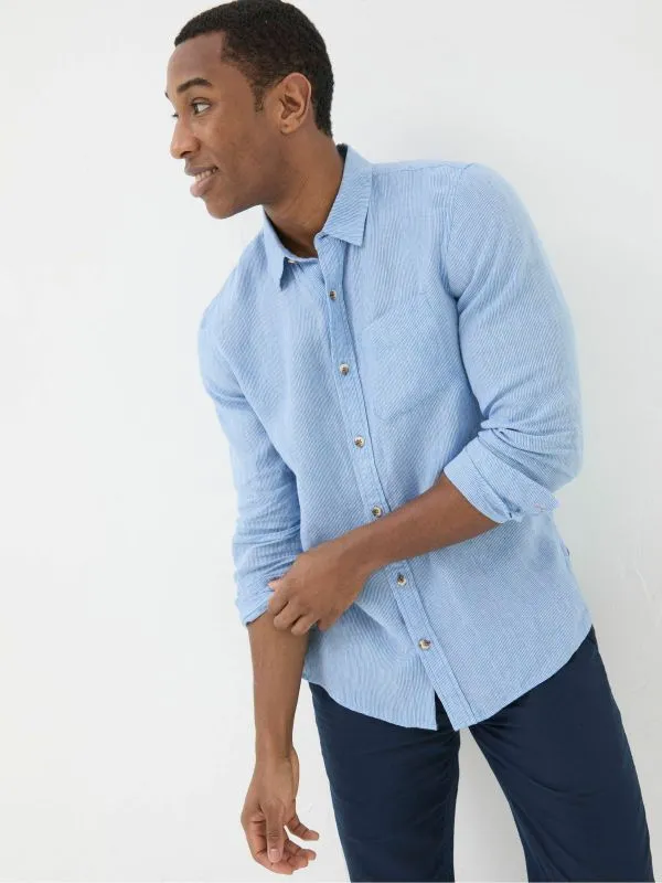 Fat Face Tall Collection Men Blue Long Sleeve Fine Stripe Linen Shirt