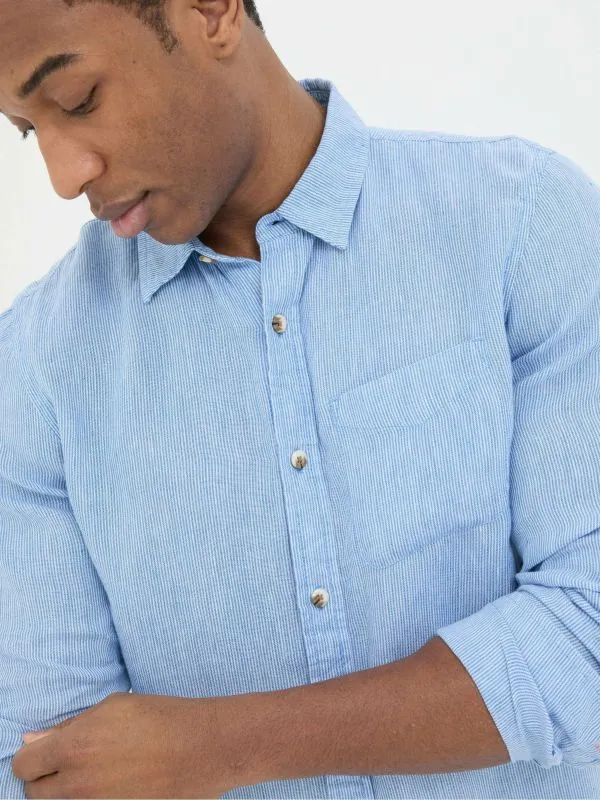 Fat Face Tall Collection Men Blue Long Sleeve Fine Stripe Linen Shirt