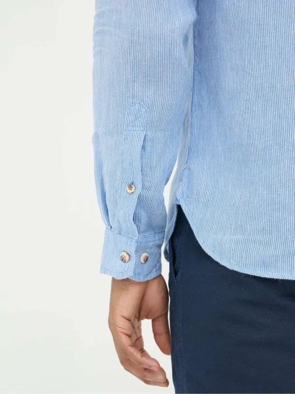Fat Face Tall Collection Men Blue Long Sleeve Fine Stripe Linen Shirt