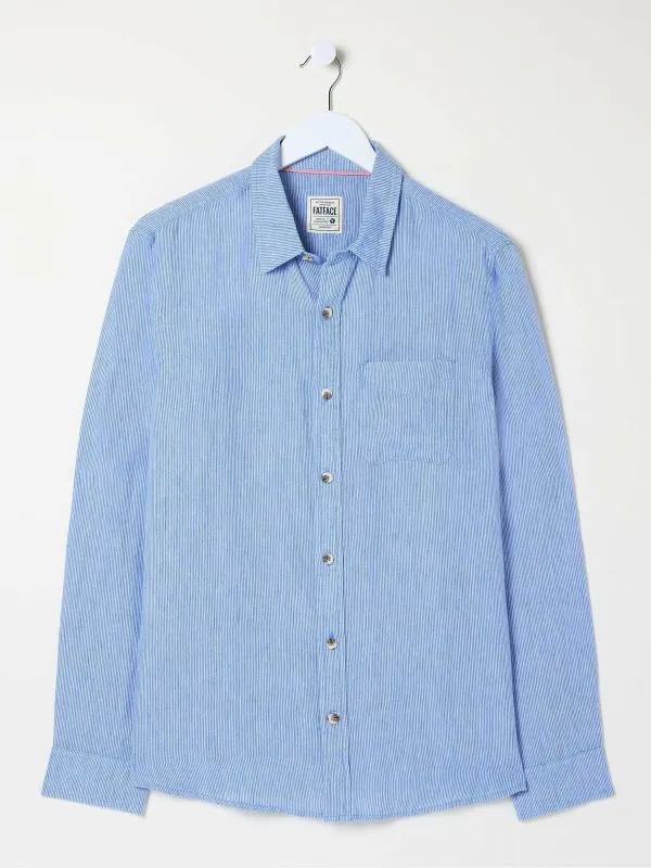 Fat Face Tall Collection Men Blue Long Sleeve Fine Stripe Linen Shirt