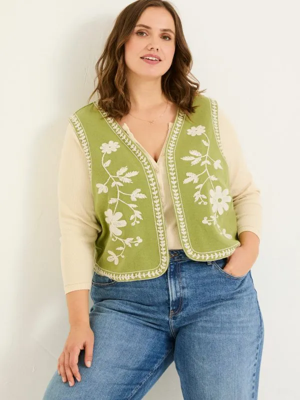 Fat Face Tops and TShirts Women Olive Green 100 Cotton Embroidered Jersey Waistcoat