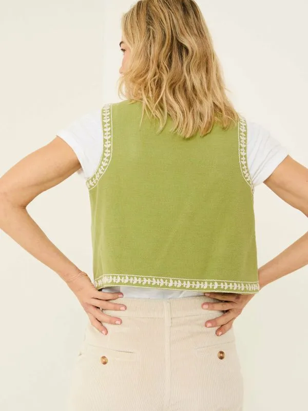 Fat Face Tops and TShirts Women Olive Green 100 Cotton Embroidered Jersey Waistcoat