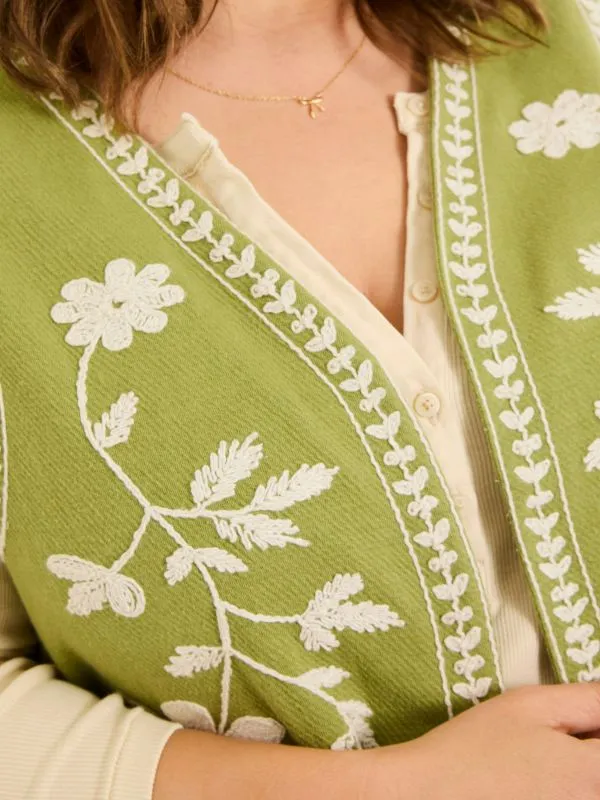 Fat Face Tops and TShirts Women Olive Green 100 Cotton Embroidered Jersey Waistcoat