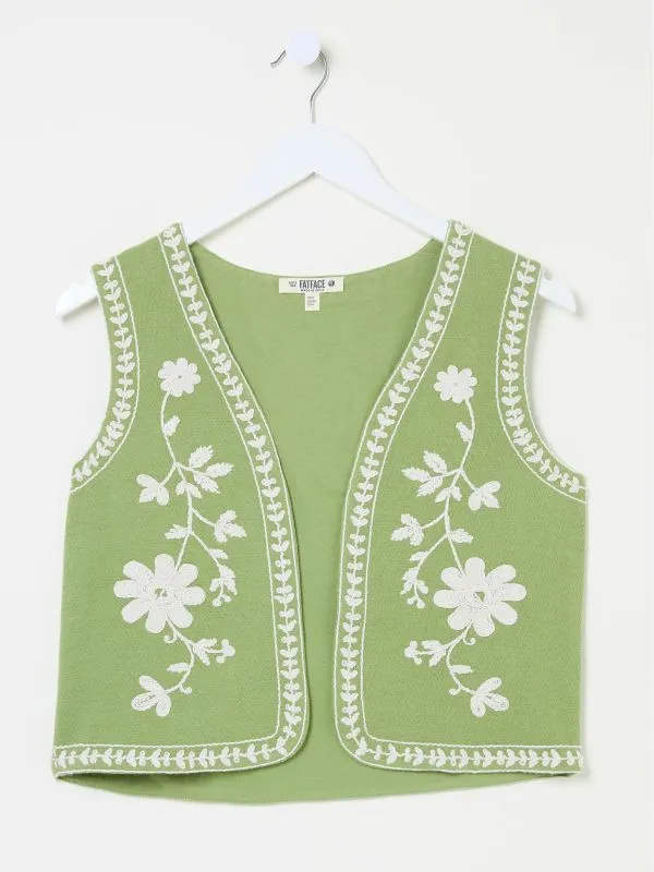 Fat Face Tops and TShirts Women Olive Green 100 Cotton Embroidered Jersey Waistcoat