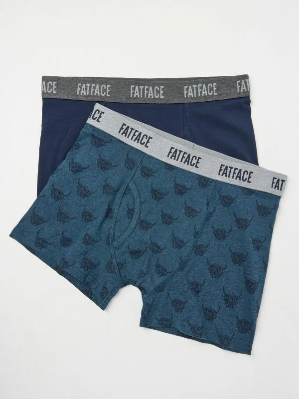 Fat Face Underwear Men Teal Blue Cow Boxers 2 Pack