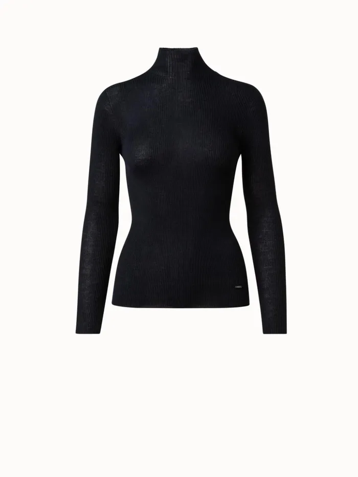 Fine Rib Pullover From Cashmere Silk With Mock Neck Black Women Akris Knitwear