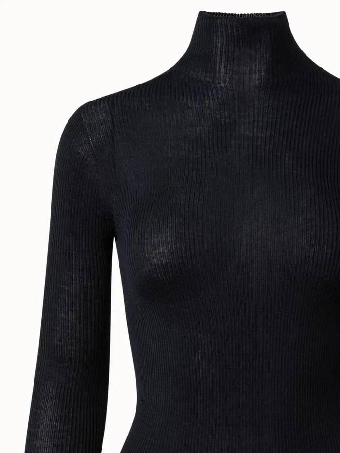Fine Rib Pullover From Cashmere Silk With Mock Neck Black Women Akris Knitwear