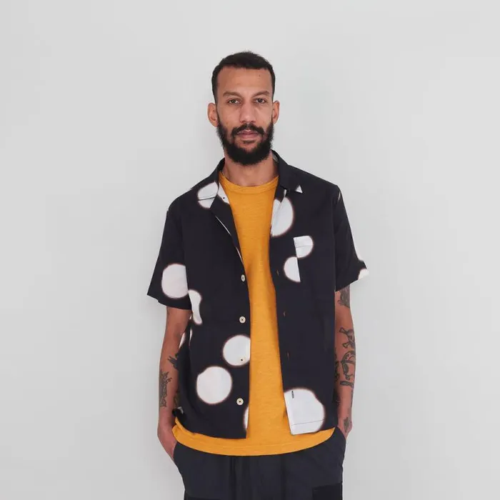 Folk Clothing Shirts SS Soft Collar Shirt 8211 Black Ecru Dot 8211 Mens