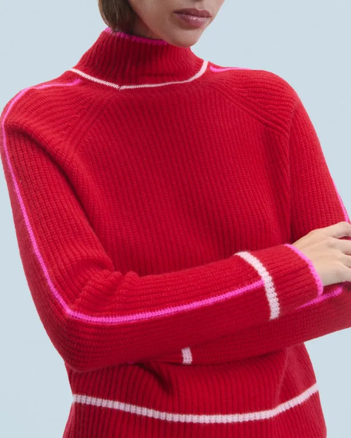 From Future Cashmere Sweaters Women Mock Neck Tricolor Sweater In Textured Knit Bright Red