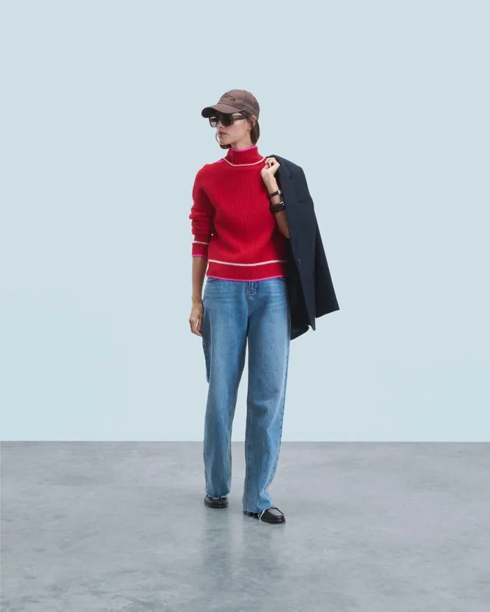 From Future Cashmere Sweaters Women Mock Neck Tricolor Sweater In Textured Knit Bright Red